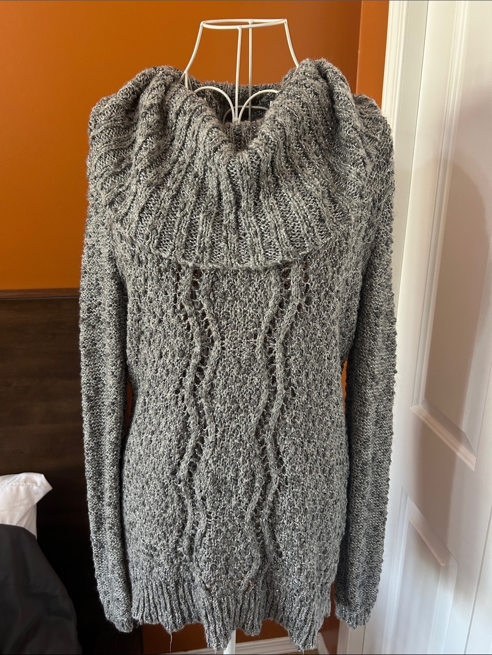 Ricki’s Sparkly Tunic Sweater Size L Grey Metallic Cowl Neck Knit Cozy Holiday - Picture 2 of 8
